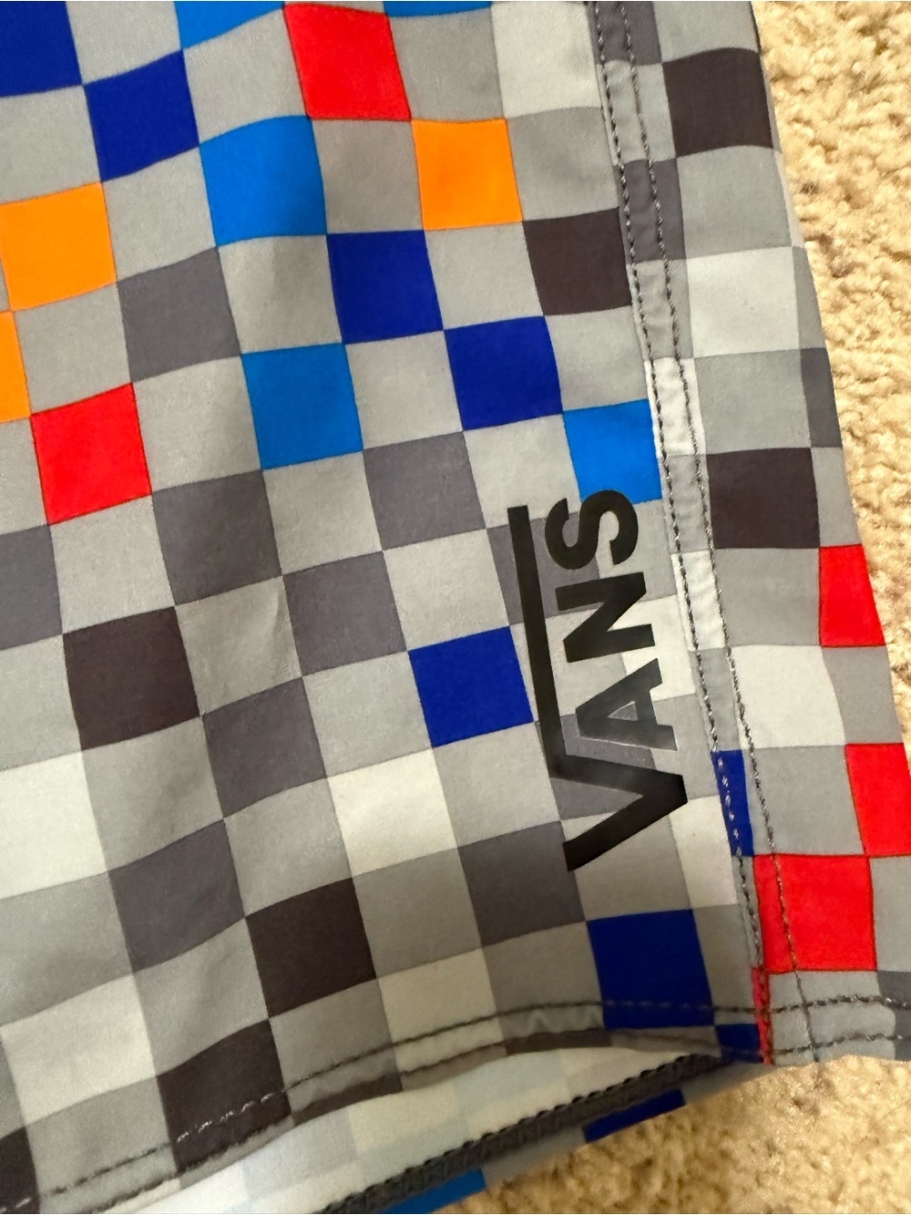 Vans Men’s Gray Checkerboard Swim Shorts with Blue, Red & Orange Accents - Picture 3 of 6